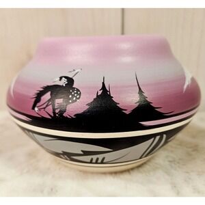 Native American Pottery Vase Bowl Pot End of the Trail Artist Signed Purple Gift